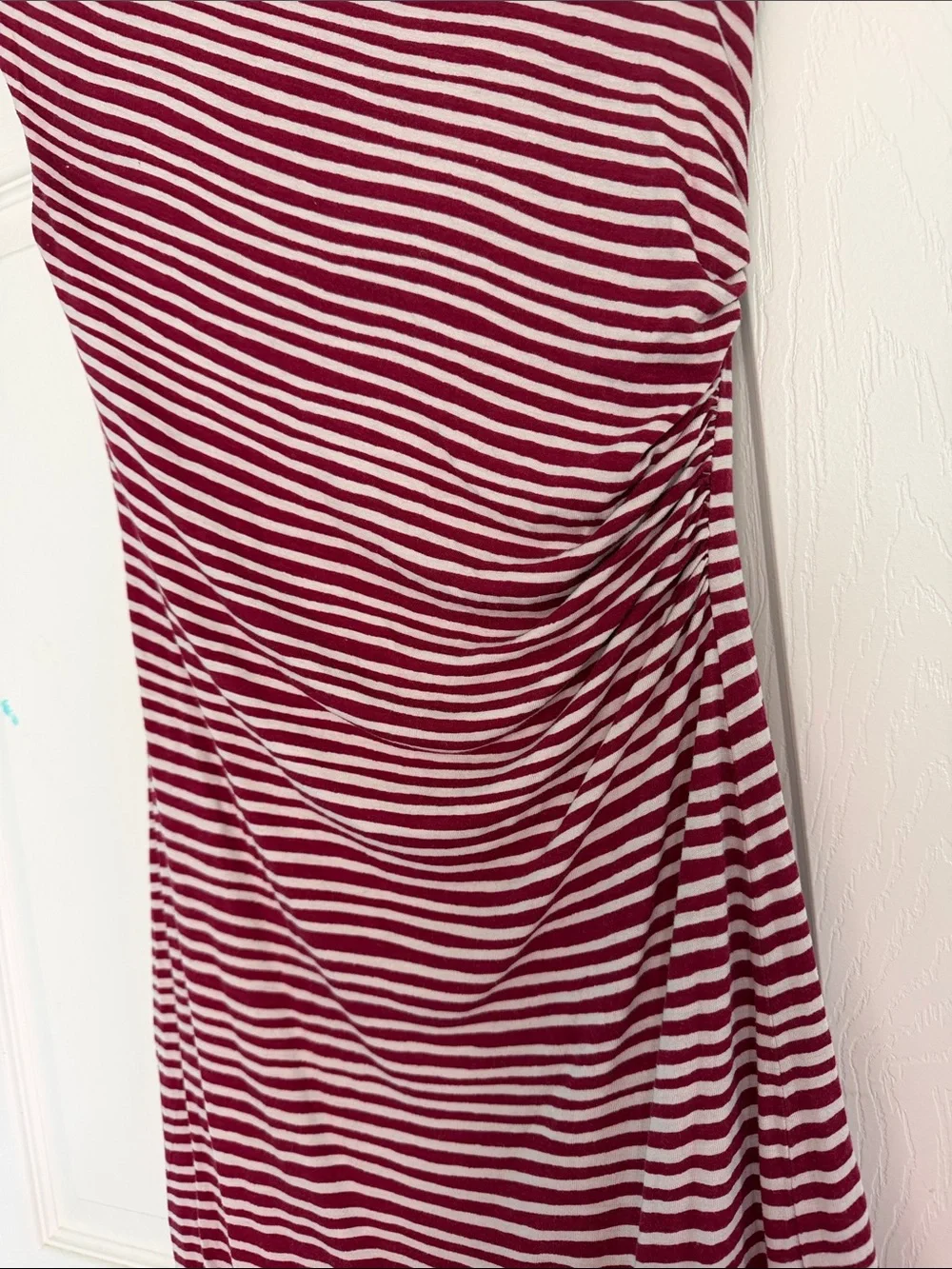 LOFT Wine Red and White Striped Cap-Sleeve Ruched Midi Dress - Picture 4 of 7